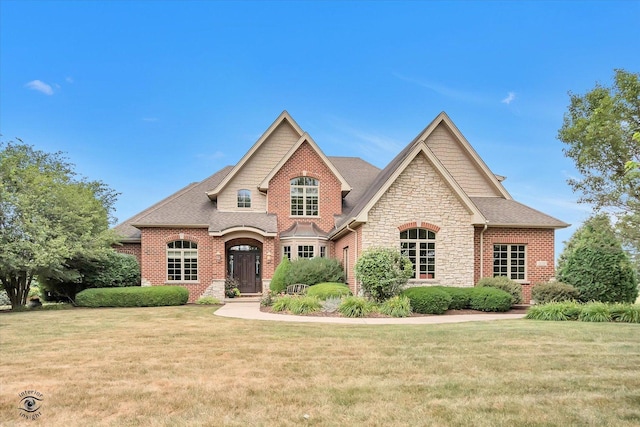 24155 S Blackhawk Ln, Manhattan, IL 60442 - view of front of property with roof with shingles, a front yard, stone siding, and brick siding