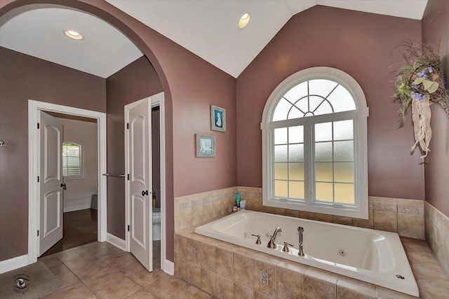 24155 S Blackhawk Ln, Manhattan, IL 60442 - bathroom featuring a whirlpool tub, vaulted ceiling, tile patterned floors, and recessed lighting