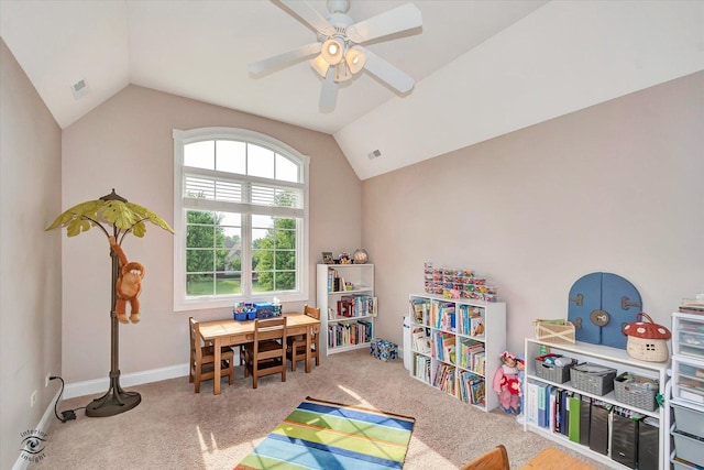 24155 S Blackhawk Ln, Manhattan, IL 60442 - rec room with vaulted ceiling, carpet floors, and ceiling fan