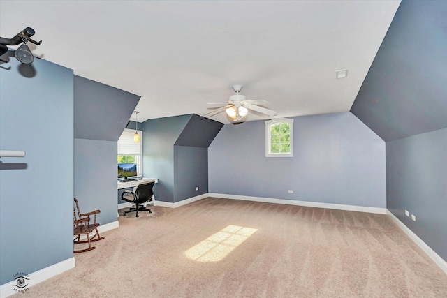 24155 S Blackhawk Ln, Manhattan, IL 60442 - bonus room featuring ceiling fan, carpet flooring, vaulted ceiling, and an office area