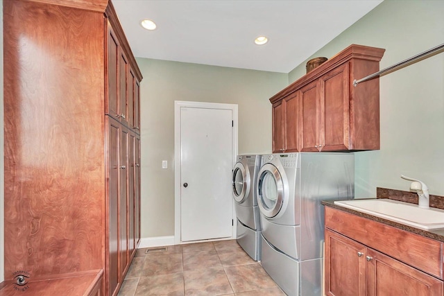 24155 S Blackhawk Ln, Manhattan, IL 60442 - laundry room featuring washer and clothes dryer, cabinet space, recessed lighting, and light tile patterned floors