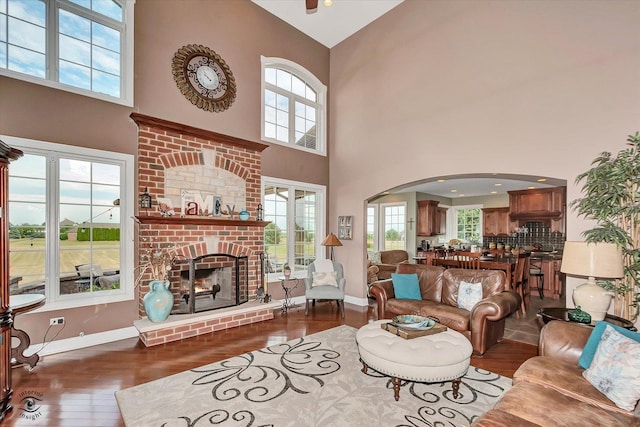 24155 S Blackhawk Ln, Manhattan, IL 60442 - living area featuring high vaulted ceiling, wood finished floors, a fireplace, arched walkways, and plenty of natural light
