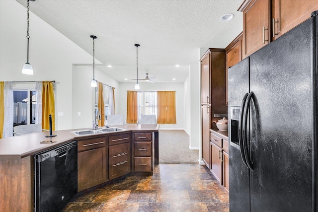 412 Doisy Ln, Champaign, IL 61822 - kitchen with black appliances, stone finish floors, open floor plan, decorative light fixtures, and ceiling fan