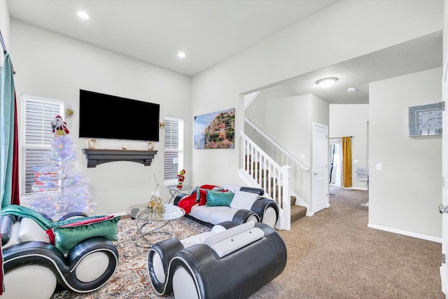 412 Doisy Ln, Champaign, IL 61822 - living room with carpet floors, stairway, and recessed lighting