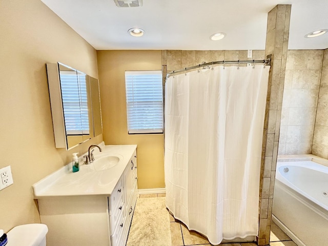 2948 E 95th St, Chicago, IL 60617 - full bathroom featuring a bathtub, vanity, curtained shower, tile patterned flooring, and recessed lighting