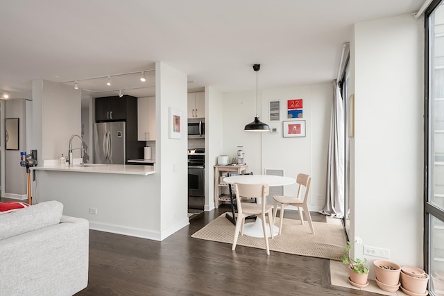 345 W Fullerton Pkwy Unit 1706, Chicago, IL 60614 - kitchen with appliances with stainless steel finishes, light countertops, dark wood-style floors, rail lighting, and pendant lighting