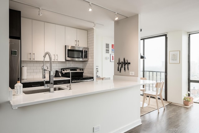 345 W Fullerton Pkwy Unit 1706, Chicago, IL 60614 - kitchen with appliances with stainless steel finishes, track lighting, a peninsula, backsplash, and wood finished floors