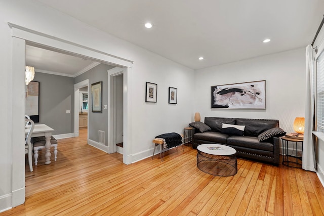 506 E Russell St, Barrington, IL 60010 - living room featuring light wood-style floors, crown molding, and recessed lighting