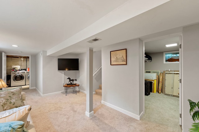 506 E Russell St, Barrington, IL 60010 - living room with light colored carpet, independent washer and dryer, and stairway
