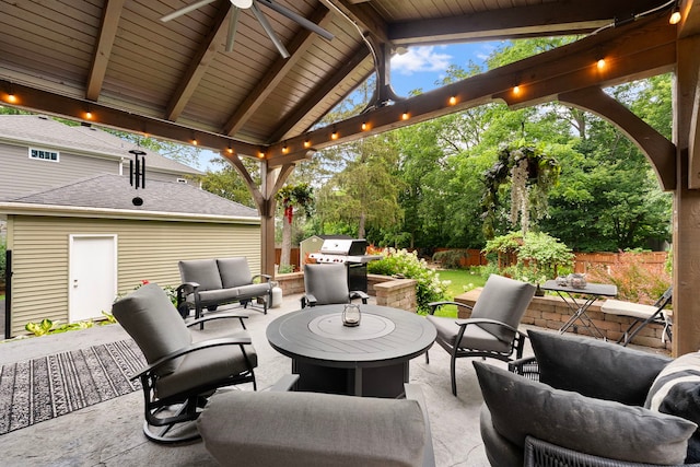 506 E Russell St, Barrington, IL 60010 - view of patio / terrace featuring an outdoor living space, a ceiling fan, grilling area, and view of wooded area