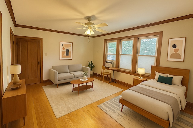 3514 N Lawndale Ave Unit 2, Chicago, IL 60618 - bedroom with ornamental molding, light wood-style flooring, cooling unit, and a ceiling fan