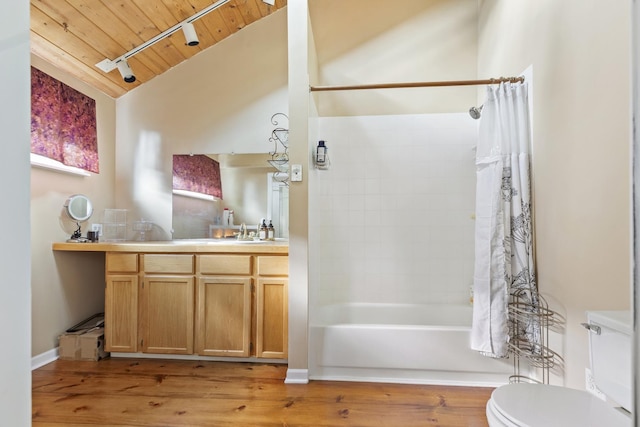 21368 W Pepper Dr, Lake Zurich, IL 60047 - bathroom with wooden ceiling, shower / bath combo, vanity, wood finished floors, and vaulted ceiling