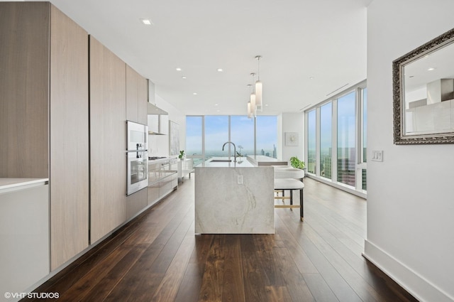 363 E Wacker Dr Unit 6501, Chicago, IL 60601 - kitchen with modern cabinets, plenty of natural light, expansive windows, dark wood-type flooring, and a center island with sink