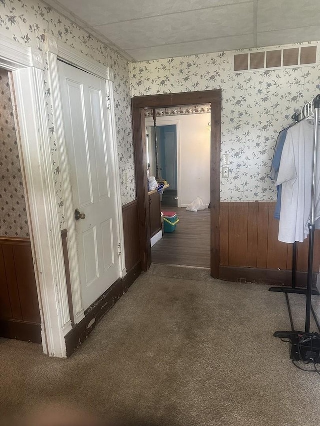 201 E N St, Saybrook, IL 61770 - hall with wallpapered walls, a wainscoted wall, and carpet floors