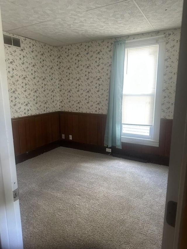 201 E N St, Saybrook, IL 61770 - unfurnished room with wallpapered walls, carpet floors, a wainscoted wall, and plenty of natural light