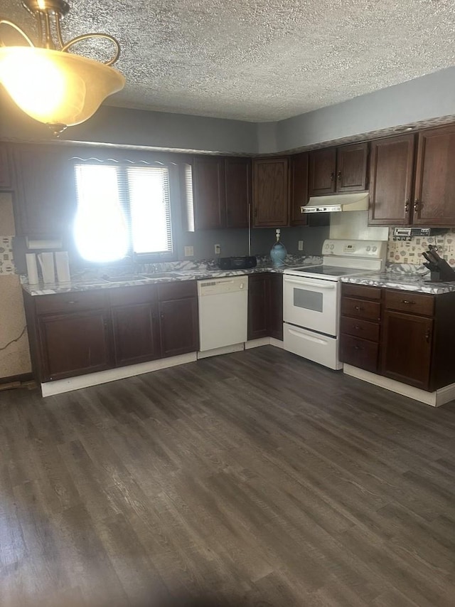 201 E N St, Saybrook, IL 61770 - kitchen with white appliances, under cabinet range hood, dark wood-style floors, dark brown cabinets, and a textured ceiling
