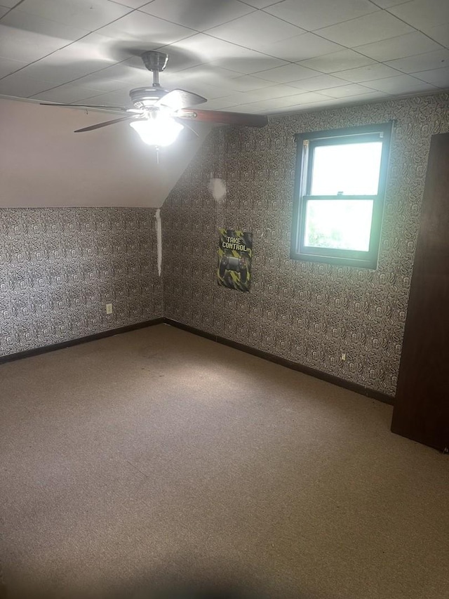 201 E N St, Saybrook, IL 61770 - additional living space featuring ceiling fan, carpet, and wallpapered walls