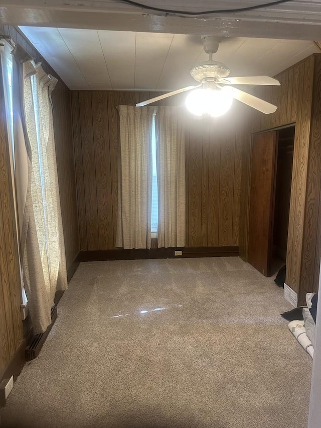 201 E N St, Saybrook, IL 61770 - unfurnished room with light carpet, wooden walls, and a ceiling fan