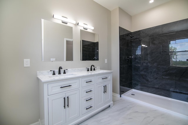 121 Pine St, Buckingham, IL 60917 - full bathroom featuring double vanity, a walk in shower, marble look tile flooring, and recessed lighting