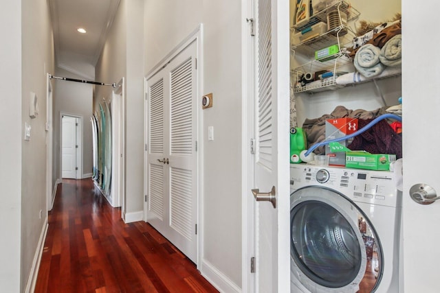 3234 N California St Unit 3S, Chicago, IL 60618 - laundry room with washer / dryer, wood finished floors, a barn door, and recessed lighting