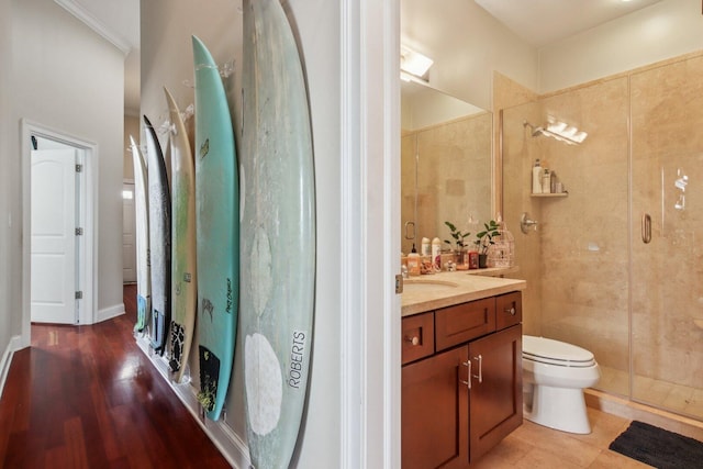 3234 N California St Unit 3S, Chicago, IL 60618 - bathroom with vanity, a stall shower, and ornamental molding