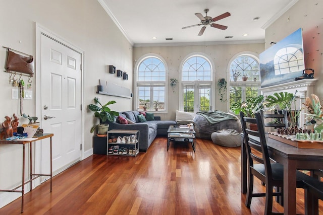 3234 N California St Unit 3S, Chicago, IL 60618 - living room with healthy amount of natural light, a ceiling fan, hardwood / wood-style floors, and ornamental molding