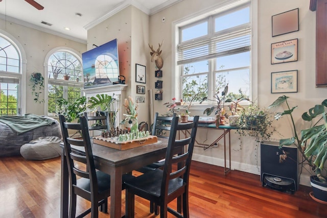 3234 N California St Unit 3S, Chicago, IL 60618 - dining space with wood finished floors, crown molding, a ceiling fan, recessed lighting, and a high ceiling