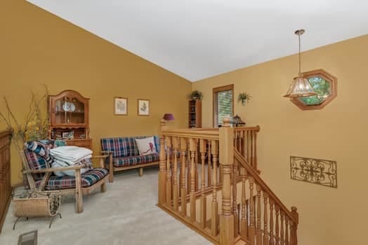 16620 Grants Trl, Orland Park, IL 60467 - hall with an upstairs landing, lofted ceiling, and carpet floors