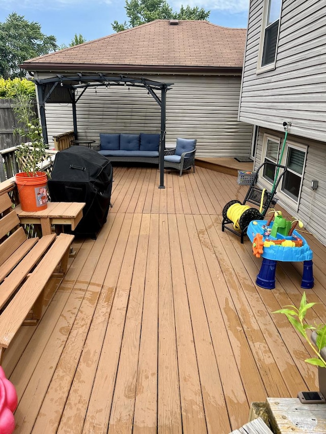 7347 W Benton Dr, Frankfort, IL 60423 - wooden terrace with an outdoor hangout area, area for grilling, and a gazebo