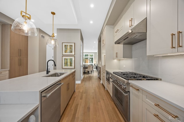 1642 W Wolfram St, Chicago, IL 60657 - kitchen featuring stainless steel appliances, under cabinet range hood, light wood finished floors, light stone counters, and pendant lighting