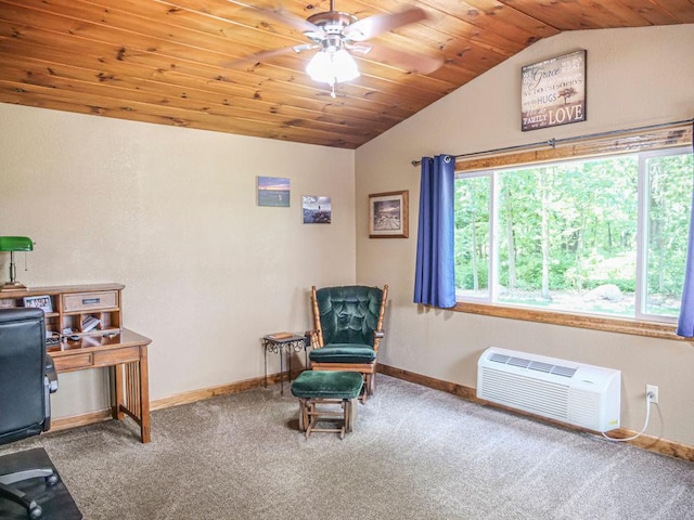 26 N Deer Lk, Villa Grove, IL 61956 - living area featuring vaulted ceiling, carpet floors, ceiling fan, wood ceiling, and an AC wall unit