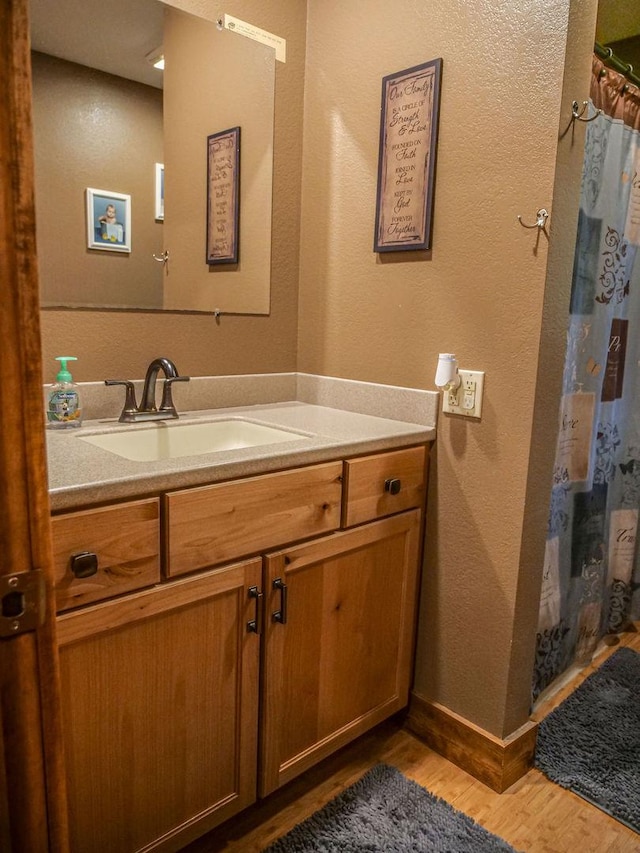 26 N Deer Lk, Villa Grove, IL 61956 - bathroom with vanity, wood finished floors, curtained shower, and a textured wall