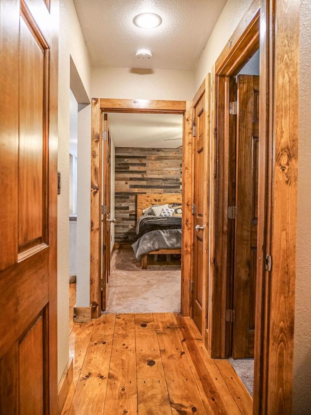 26 N Deer Lk, Villa Grove, IL 61956 - hall featuring a textured ceiling and wood walls