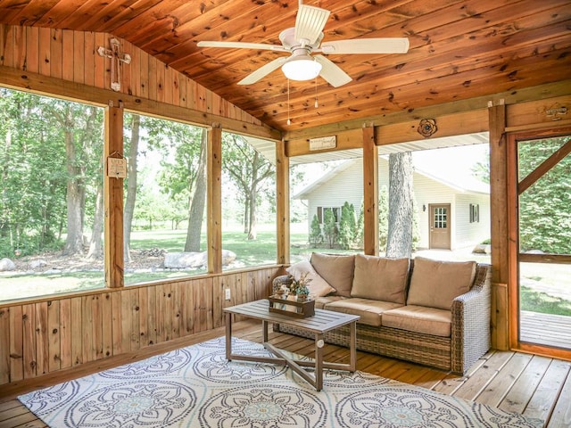26 N Deer Lk, Villa Grove, IL 61956 - sunroom featuring vaulted ceiling, ceiling fan, and outdoor lounge area