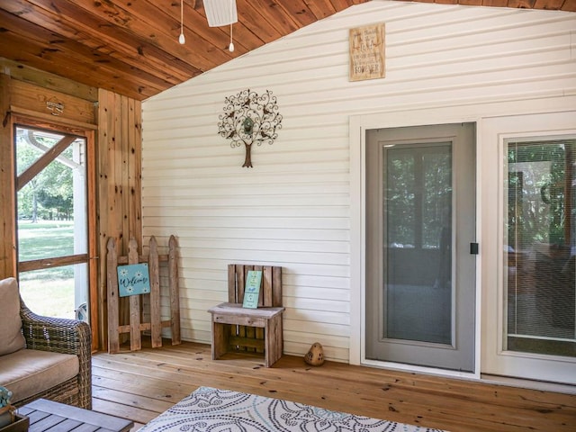 26 N Deer Lk, Villa Grove, IL 61956 - sitting room with vaulted ceiling, hardwood / wood-style floors, wood walls, and wood ceiling