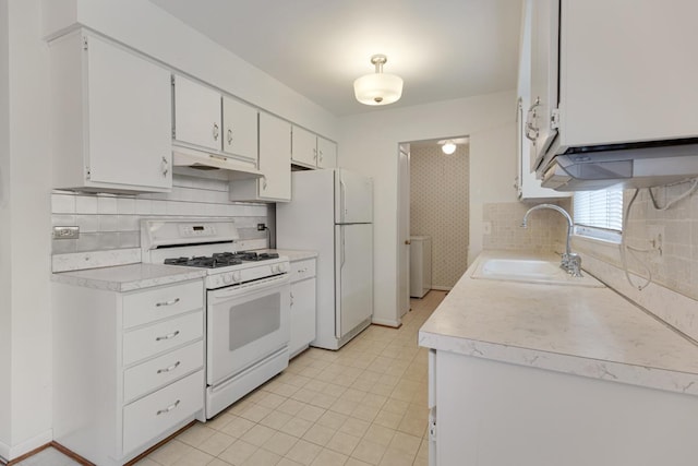 1108 Lancaster Ave, Elk Grove Village, IL 60007 - kitchen with white appliances, under cabinet range hood, light countertops, white cabinetry, and tasteful backsplash