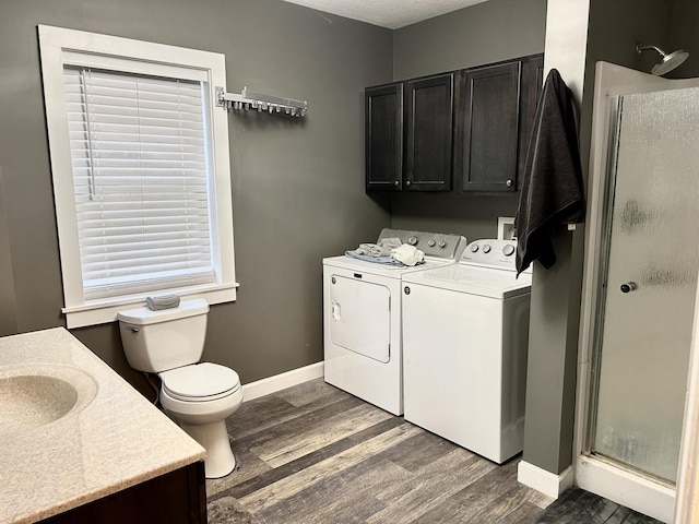 2603 3rd St, Peru, IL 61354 - full bathroom with washing machine and clothes dryer, a stall shower, wood finished floors, and vanity