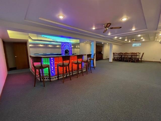512 Tana Ln, Joliet, IL 60435 - carpeted home theater room with a raised ceiling, a ceiling fan, and recessed lighting