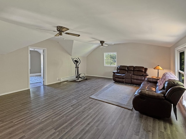725 Opal St, Marseilles, IL 61341 - living area with dark wood-style floors, ceiling fan, and lofted ceiling