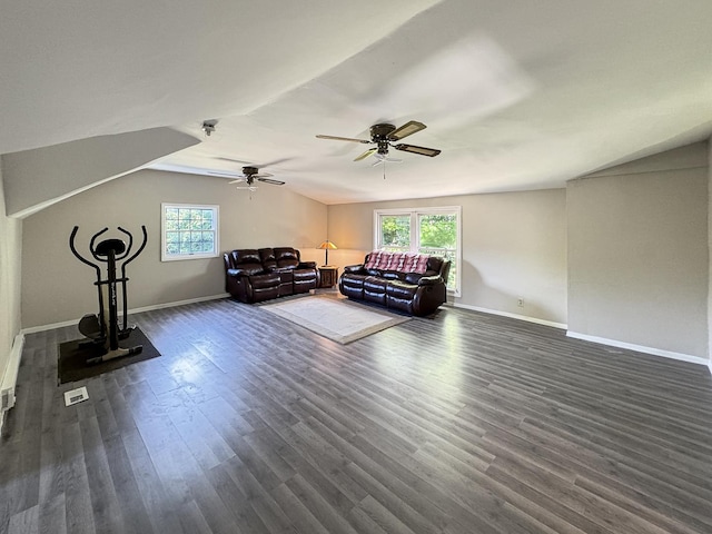 725 Opal St, Marseilles, IL 61341 - living area with lofted ceiling, dark wood-style flooring, and ceiling fan