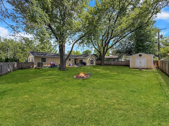 328 Thunderbird Trl, Carol Stream, IL 60188 - fenced backyard featuring an outdoor fire pit and a storage unit