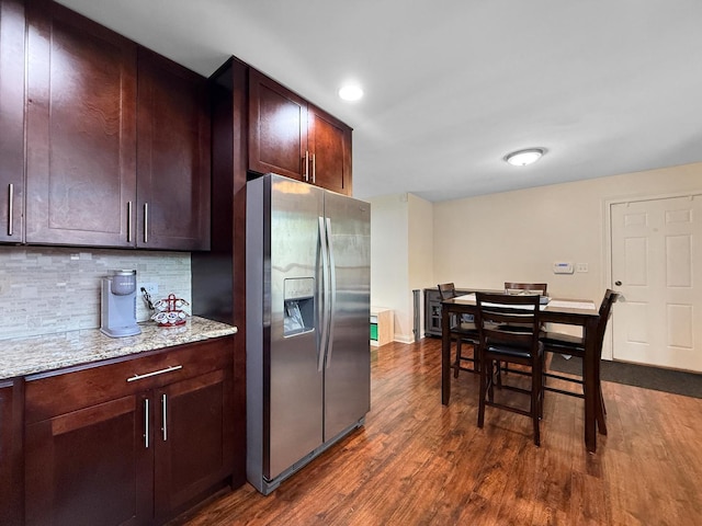 328 Thunderbird Trl, Carol Stream, IL 60188 - kitchen with stainless steel fridge with ice dispenser, dark wood-type flooring, tasteful backsplash, light stone countertops, and dark brown cabinets