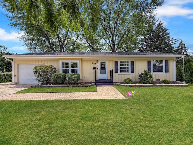 328 Thunderbird Trl, Carol Stream, IL 60188 - single story home featuring an attached garage, board and batten siding, a front yard, and driveway