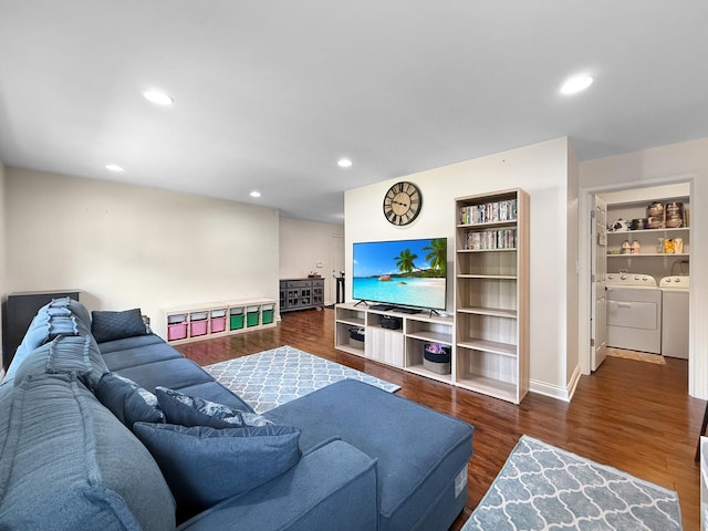 328 Thunderbird Trl, Carol Stream, IL 60188 - living room with independent washer and dryer, dark wood-type flooring, and recessed lighting
