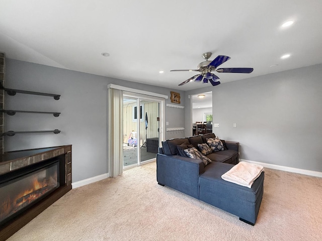328 Thunderbird Trl, Carol Stream, IL 60188 - living area featuring carpet floors, ceiling fan, recessed lighting, and a glass covered fireplace