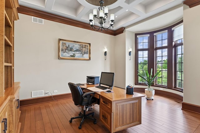 23 Enclave Ct, South Barrington, IL 60010 - office area featuring coffered ceiling, a chandelier, hardwood / wood-style floors, beamed ceiling, and ornamental molding