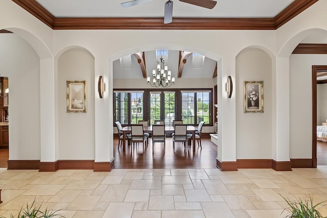 23 Enclave Ct, South Barrington, IL 60010 - dining room with ceiling fan, crown molding, stone tile flooring, and a chandelier