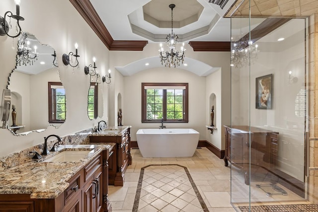 23 Enclave Ct, South Barrington, IL 60010 - bathroom featuring inlaid floor details, vanity, a stall shower, a freestanding bath, and a chandelier