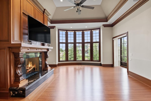 23 Enclave Ct, South Barrington, IL 60010 - unfurnished living room featuring wood finished floors, crown molding, a fireplace, a ceiling fan, and recessed lighting