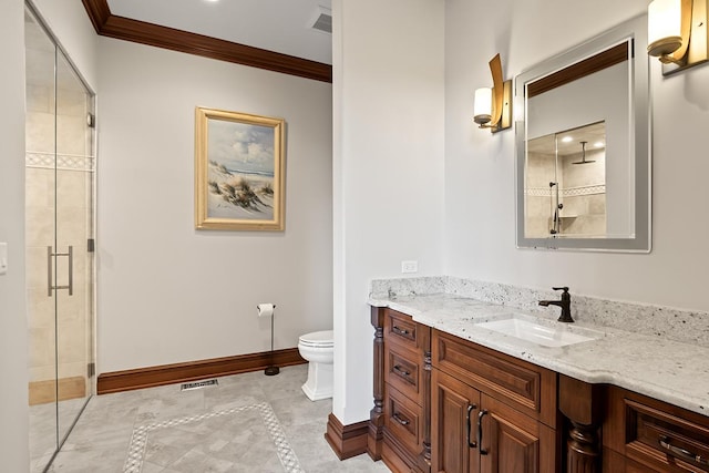 23 Enclave Ct, South Barrington, IL 60010 - full bathroom with vanity, a shower stall, crown molding, tile patterned floors, and inlaid floor details